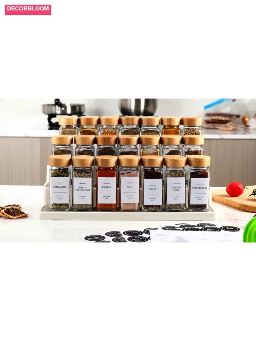 24-Piece Glass Spice Jars with Bamboo Lids, 4 oz Each, Kitchen Organization Set